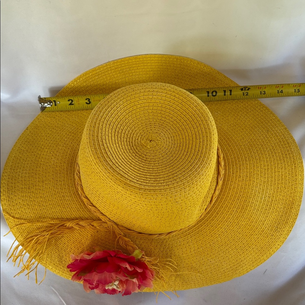 GENTLY WORN LOVE CULTURE YELLOW SUN HAT WITH PINK FLOWER ACCENT- - Picture 7 of 11